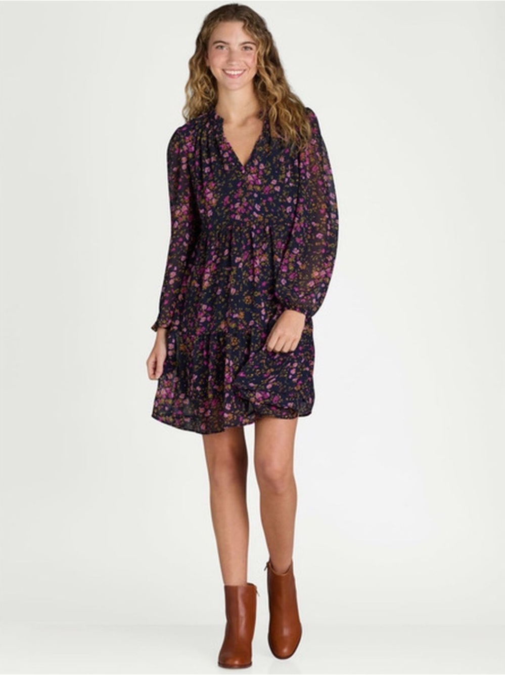 Time & Tru Long Sleeve Tiered Dress in Navy and Pink - new L 12/14